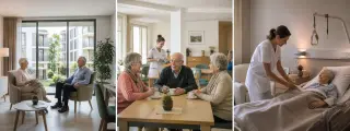 Trois hébergements pour seniors : seniors autonomes dans une résidence moderne et lumineuse, seniors en résidence autonomie autour d’une table conviviale, et aide-soignante prenant soin d’une personne dépendante dans un EHPAD médicalisé.