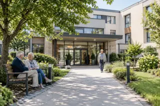 entrée d’une résidence seniors moderne, trois personnes âgées discutent calmement dans un cadre verdoyant et accueillant